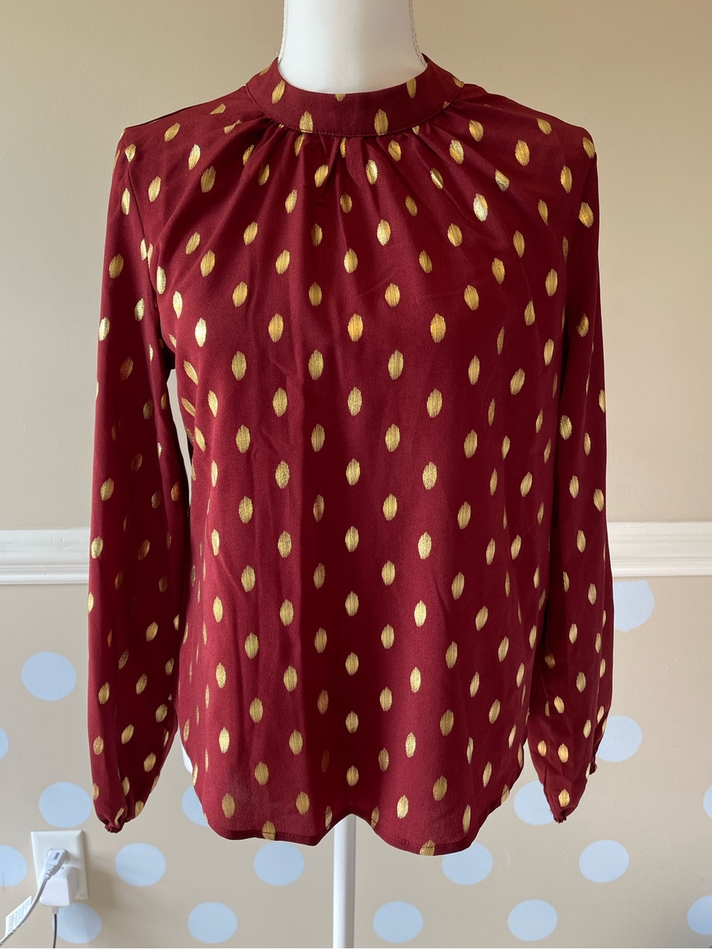 SHEIN Burgundy Long-Sleeve Blouse with Gold Dot Accents